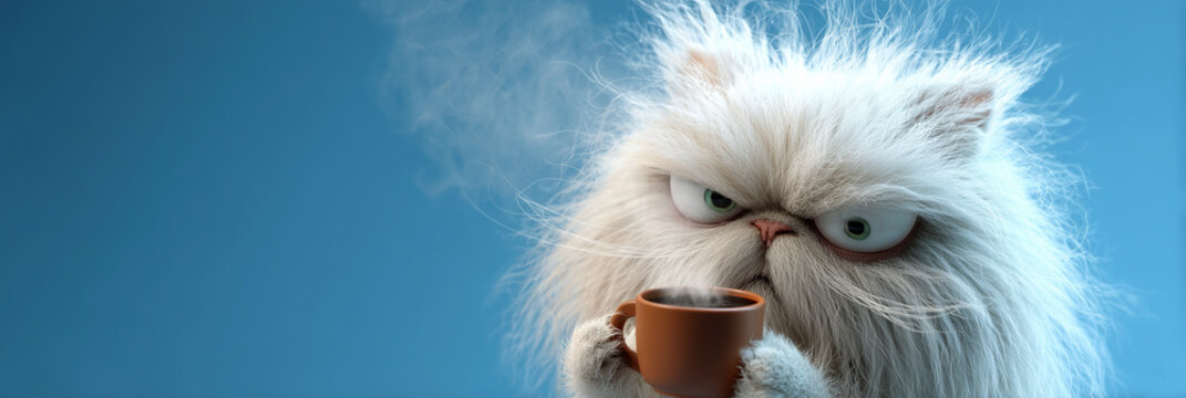 Portrait of a fluffy white Persian cat with very messy fur, with a sleepy and grumpy look holds a steaming coffee cup on blue background with copy space. Caffeine-themed humor. Generative Ai.