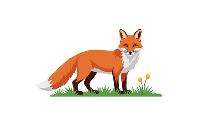 Charming illustrative red fox standing on vibrant green grass with delicate yellow flowers
