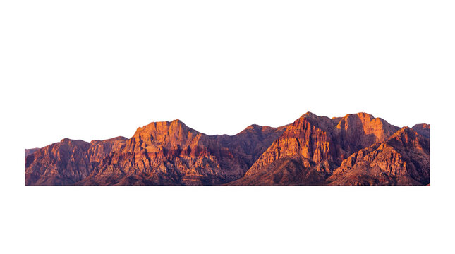 A panoramic desert mountain range at golden hour sunrise or sunset. Isolated on transparent background, png