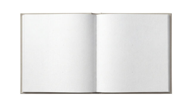 Open book with blank white pages, top view mockup for magazine or text. Isolated on transparent background, png