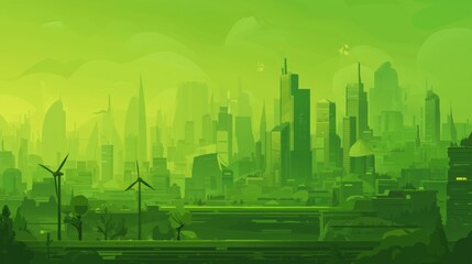 Green future city skyline with wind turbines and tall buildings during daytime