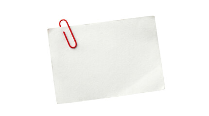 White blank rectangular note paper with a red paperclip on the corner. Isolated on transparent background, png