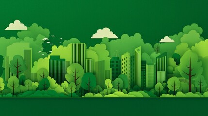 Green future cityscape scene with trees and buildings in a nature-inspired setting