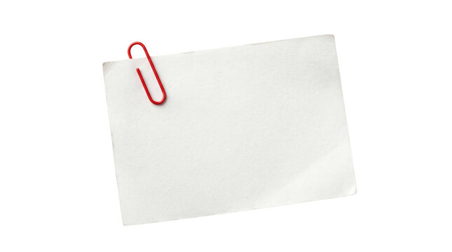 White blank rectangular note paper with a red paperclip on the corner. Isolated on transparent background, png