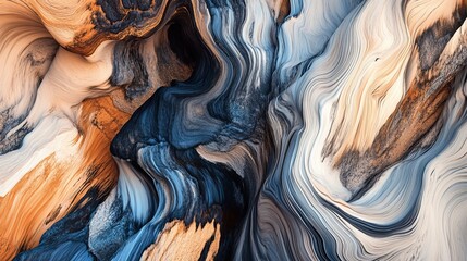 Closeup view of abstract tree stump featuring various colors and patterns that resemble an exotic wallpaper in a painting style with wavy forms and natural shapes