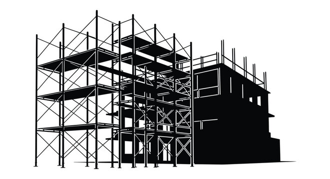 a stark black and white illustration depicting a building under construction with intricate scaffolding presented as a striking silhouette high quality