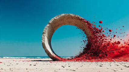 Anneau en b&eacute;ton sur la plage avec sable rouge en mouvement