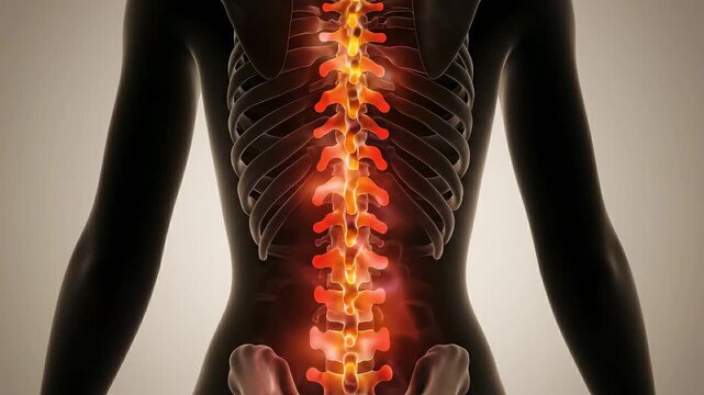 Medical animation showing a female skeleton with a visible painful spine and vertebrae, representing chronic backache, injury, or inflammation of the intervertebral discs and skeletal system