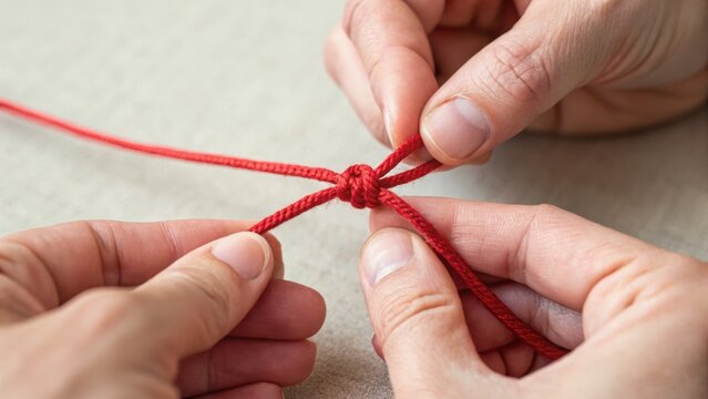 Hands tying a red knot together, demonstrating a skillful craft or hobby.