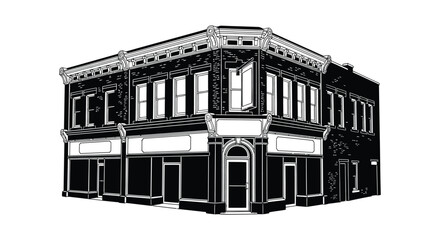 a detailed black and white illustration depicts a classic corner building with numerous windows and architectural details a striking silhouette © mrvect02