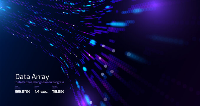 Futuristic data array visualization with flowing particle waves and digital interface representing big data analysis, pattern recognition, artificial intelligence, machine learning vector background
