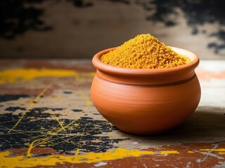 Turmeric powder in a clay pot on a wooden table