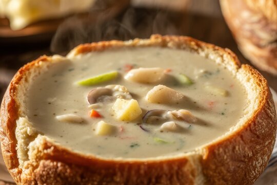 Creamy new england clam chowder in bread bowl soup