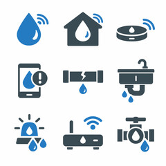 Smart water monitoring icons set with leak, alert, and home automation symbols