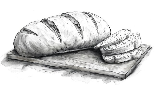 Artistic rendering of a loaf of crusty bread with sliced pieces on a rustic wooden board