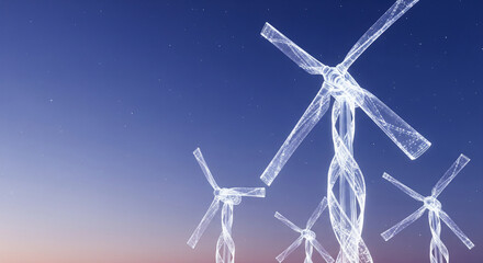 Wind energy concept with transparent turbines formed from glowing light ribbons, set in an abstract sky, conveying clean power and sustainability.