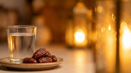 Dates and water for iftar. Sweet dates rest on ceramic plate beside clear water glass, candle bokeh behind. Dates fit ramadan breaking fast, cozy night food photo with wide copy space