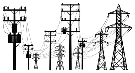 a striking illustration showcasing various electrical power lines and towers against a stark white background a detailed silhouette high quality professional © mrvect02