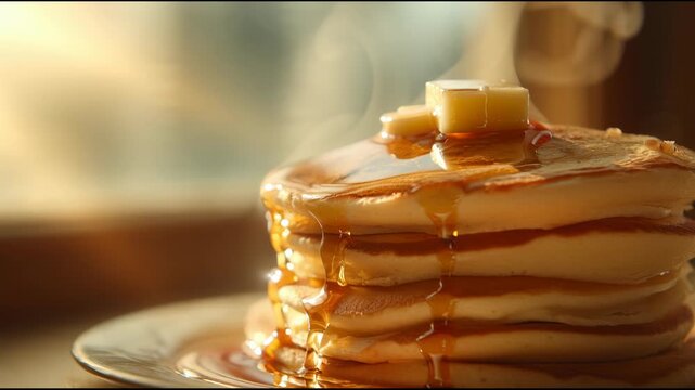Golden pancakes with syrup being poured on top, stack of breakfast food on plate indoors