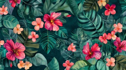 Exotic floral pattern wallpaper showcases a vibrant design filled with large leaves and bright flowers, creating a unique interior style in any room or space throughout the day