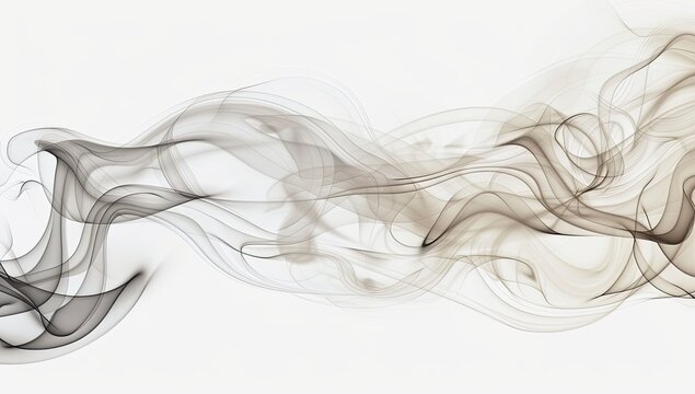 Artistic swirl of dark and light gray smoke gracefully moving across a bright white backdrop