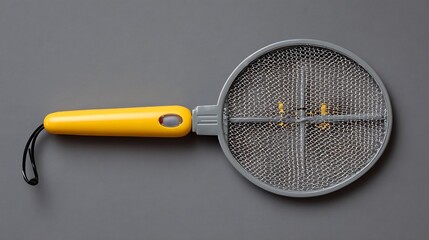 A metal electric fan isolated on a background with a stainless steel handle and black plastic frame resembling a cooking utensil or sieve