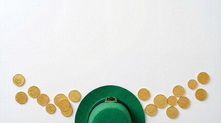 Green hat with gold coins. St patricks day flatlay with lucky coins on white background, coins framing wide copy space for party banner, pub promo, spring sale concept, minimal style