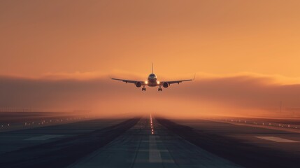 Aircraft approaches runway during sunset with clear sky and warm colors