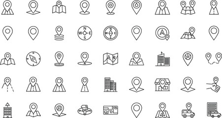 Naklejka premium Black and white line of various map markers and location symbols
