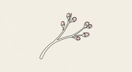 Brown floral branch with buds on beige background simple line drawing for design and decoration
