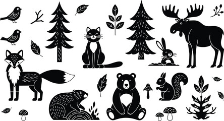 Fototapeta premium Cute forest animal silhouettes collection, woodland creatures with trees, leaves, birds and mushrooms set, black vector illustration for nursery, kids decor, wildlife, and nature design