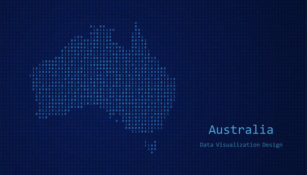 Australia map made of binary code on tech blue background
