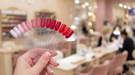 Different nail polish colors displayed in a beauty salon during a busy afternoon with clients