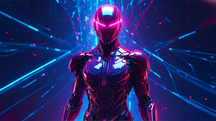 Robot armor magenta neon blue. Visor glow. Background light streaks connectivity patterns. 3D render technology AI cybersecurity themes 2026. Data visualization sci-fi concept. Future cyborg humanoid 