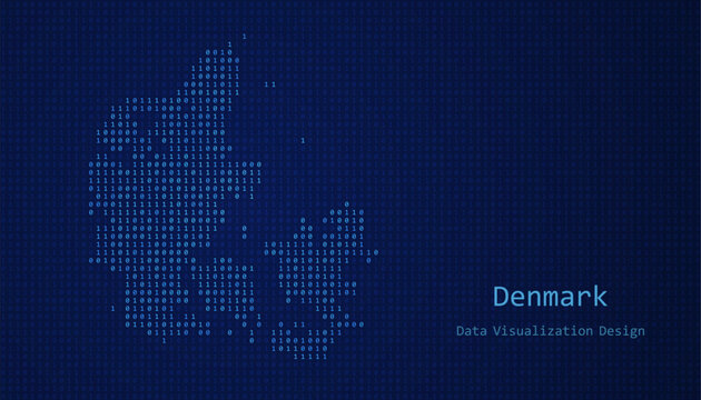 Denmark map made of binary code on tech blue background
