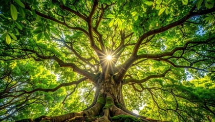 Large tree with green leaves sunlight.