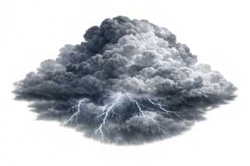 Dark storm cloud with lightning bolts striking, symbolizing power, climate change, and extreme weather, transparent background