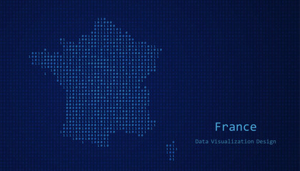 France map made of binary code on tech blue background