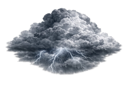 Dark storm cloud with lightning bolts striking, symbolizing power, climate change, and extreme weather, transparent background - Powered by Adobe