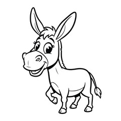 a simple black and white cartoon illustration depicting a smiling donkey standing and looking directly at the viewer