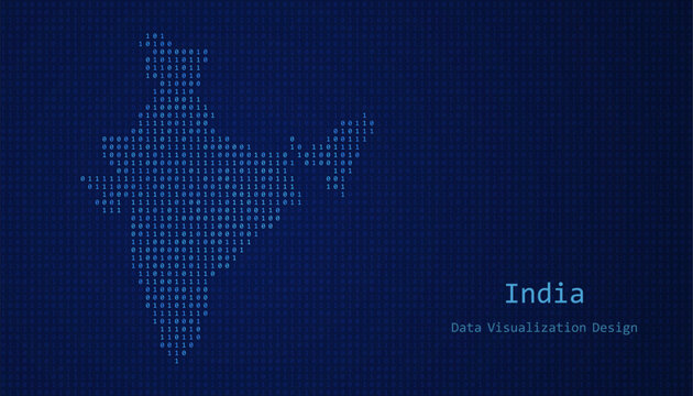 India map made of binary code on tech blue background