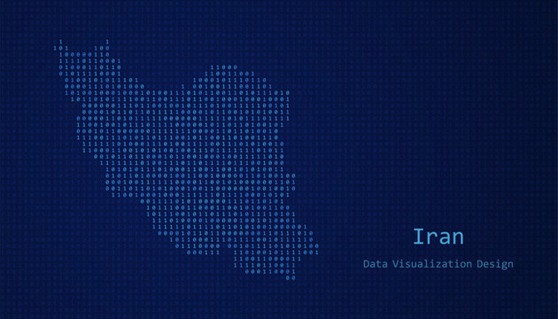 Iran map made of binary code on tech blue background