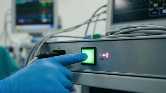 Surgery technology robotic telesurgery control panel with surgeon hand pressing glowing green button modern hospital operating room for advanced