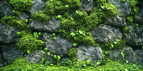Close-up of a Rustic Stone Wall Covered in Lush, Vibrant Green Moss and Dense Vegetation Texture