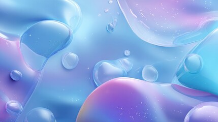 Many translucent liquid bubbles floating on a gradient background. Abstract organic shapes for cosmetic or scientific concept. Wallpaper.