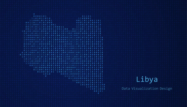 Libya map made of binary code on tech blue background