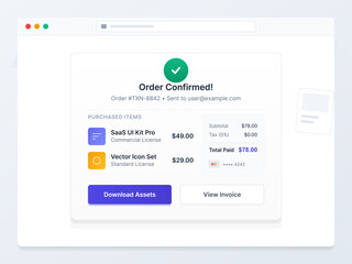 Obraz premium A user receives confirmation of a recent order. The message lists items purchased, their prices, and a total amount. Options to download and view the invoice are available.