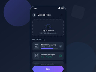 A user uploads multiple files on a mobile device. The screen shows file names, sizes, and the upload status for each item. The background is dark and simple.