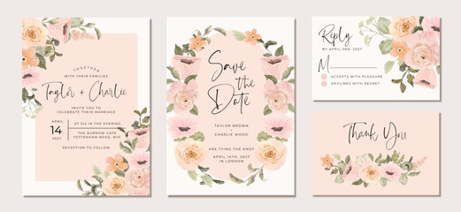Obraz premium wedding invitation set with peach pink floral watercolor border