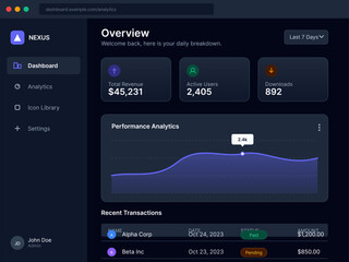 A dashboard shows analytics data for a web platform. It includes total revenue, active users count, and recent transactions on October 24, 2023. This is a tool for tracking performance.